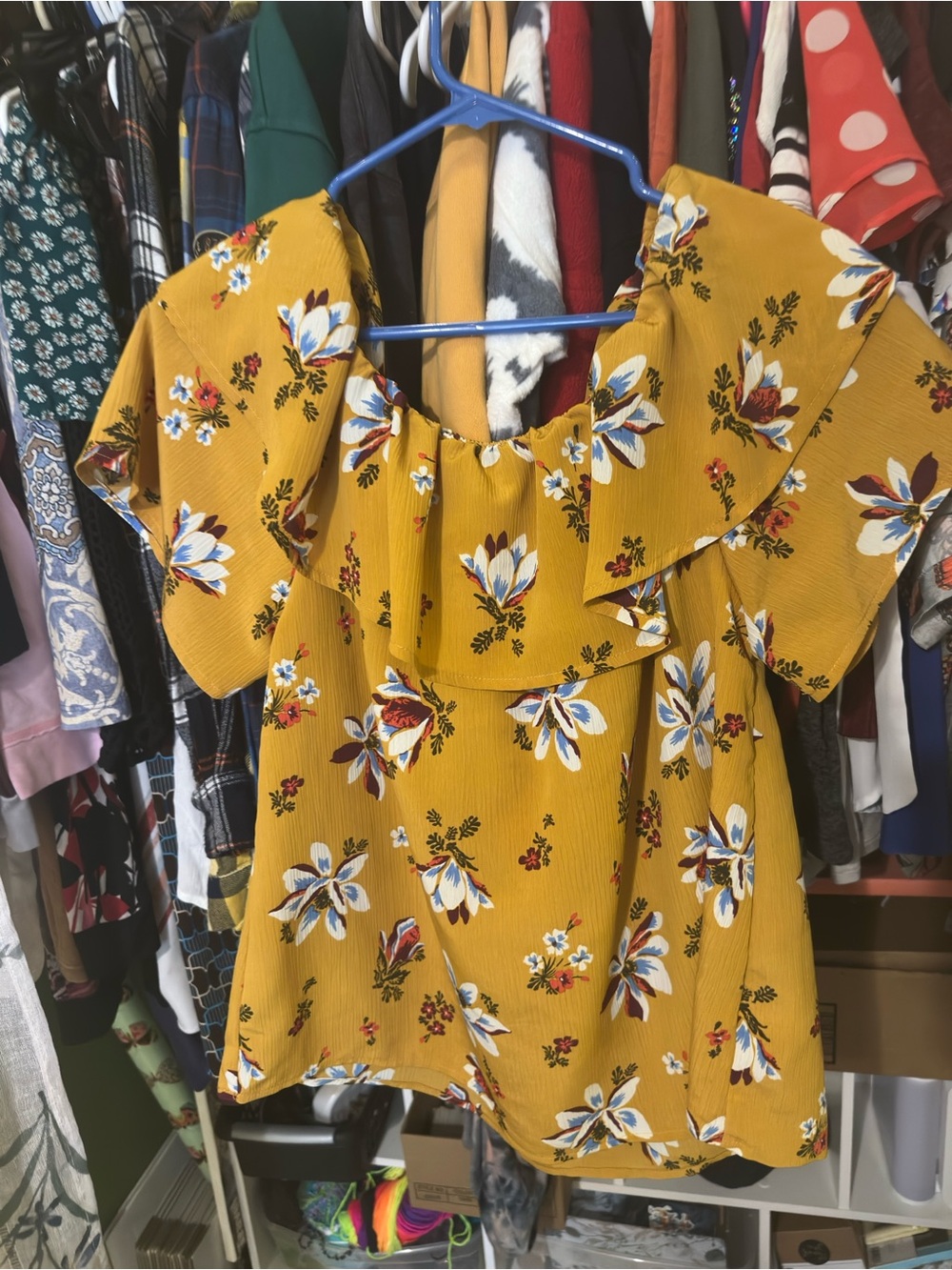 h.i.p. Mustard Floral Ruffle Off-Shoulder Blouse